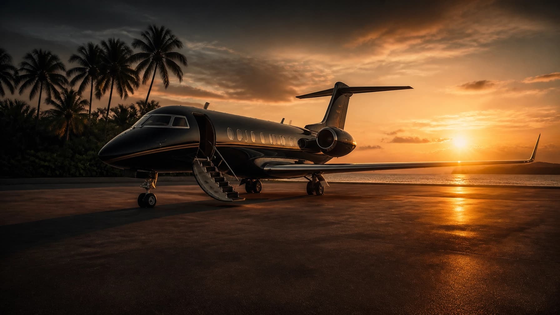 Private jet arrival at golden hour — exclusive travel begins